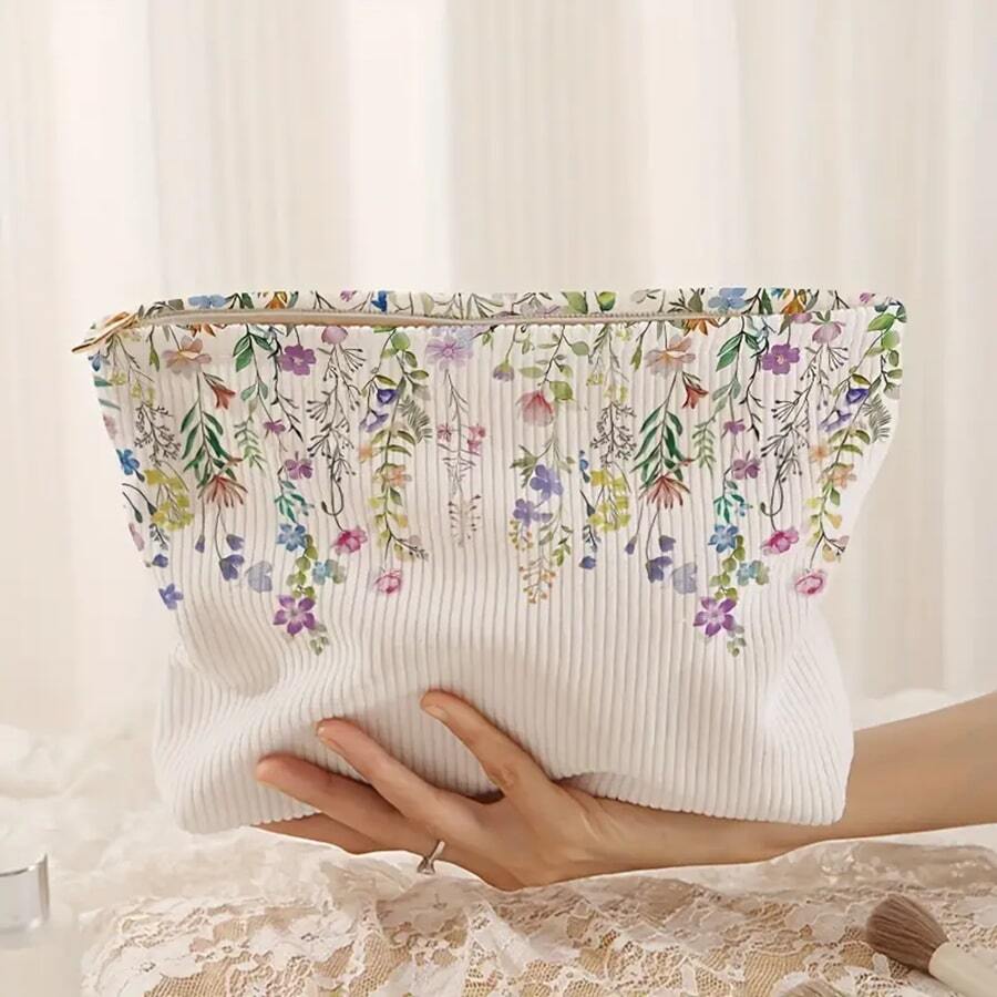 Floral And Plant Printed Corduroy Zippered Storage Bag, Lightweight Makeup Bag, Cosmetic Organizer, Multifunctional Wash Bag With Lining