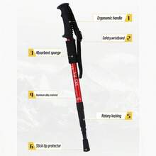 1根紅色戶外鋁製攀登杖徒步旅行、滑雪專用,配備直fh型/t型/彎曲手柄和伸縮設計 - 紅色--直柄 - 查看 10