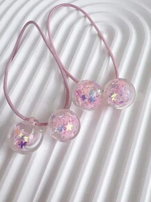 1pair Girls' Ponytail Holder With Beads & Shiny Balls Hair Tie & Headband, For Christmas - Pink - View 4