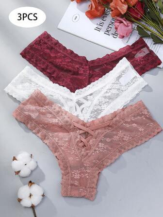 3入組女士蕾絲空心花朵設計丁字褲,性感風格