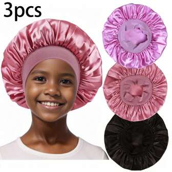 Awegeo 3pcs Children's Wide-Brimmed Bonnet, Elastic, Satin, Fashionable, Comfortable And Soft For Sleeping And Daily Use