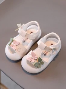 1 Pair Girls Butterfly Flower Sweet Fashion Princess Shoes, Children Toddler Soft Bottom PU Hook And Loop Design Flat Close Toe Infant Sandals, Suitable For Spring, Summer, Fall, Winter