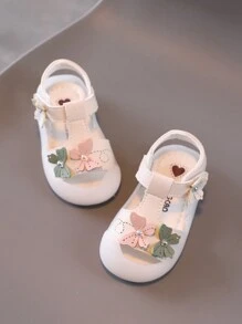 1 Pair Girls Butterfly Flower Sweet Fashion Princess Shoes, Children Toddler Soft Bottom PU Hook And Loop Design Flat Close Toe Infant Sandals, Suitable For Spring, Summer, Fall, Winter
