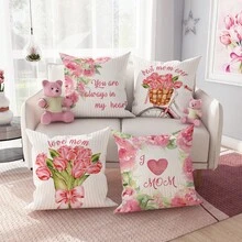 4入組愛媽媽鬱金香花愛心條紋自行車粉白色聚酯纖維抱枕套,母親節可愛少女風抱枕套,裝飾性靠墊套45*45cm/18" X18",適用於母親節客廳臥室沙發床裝飾 - 白色 - 查看 3