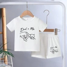 Summer Baby Boy Hand In Hand Cute Printed Short Sleeve T-Shirt And Letter Shorts Set - White - View 1