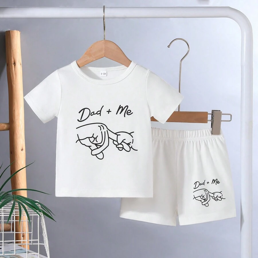 Summer Baby Boy Hand In Hand Cute Printed Short Sleeve T-Shirt And Letter Shorts Set - White - View 1