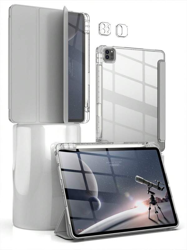 Mirror Apple Tri-Fold Foldable Anti-Fall Tablet Cover Case Compatible With IPad With Clear High-Transparency Acrylic Connected Pen Slot Pen Holder-French Grey