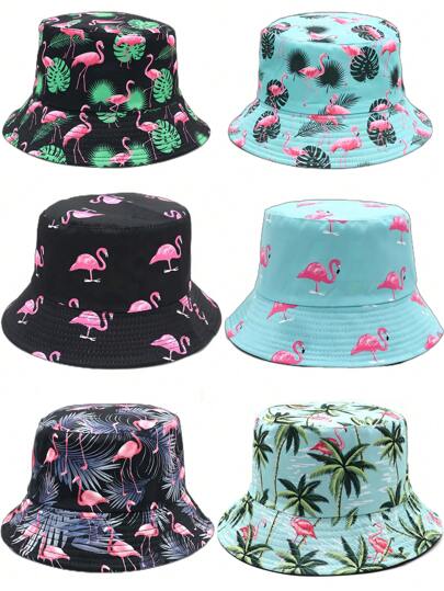 1pc Spring/Summer Fashionable Double-Sided Bucket Hat With Tropical Rainforest And Flamingo Print, Unisex Casual Vacation Sun Hat Boho