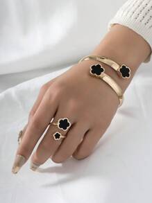 1入組女士梅花鑲嵌開口戒指,和5瓣花鑲嵌開口手環套裝 - 墨綠色 - 查看 2