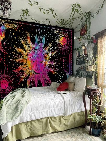 1pc Sun & Moon God Pattern Printed Tapestry, Modern Style Polyester Square Wall Hanging Decoration For Living Room And Bedroom, Flag For Room, Room Decor, Tapestry, Wall Decor, Wall Art ,Room Stuffs, Flags For Room, Home Decor, Wall Tapestry