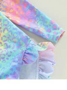 Kids Young Girl Swimsuit One-Piece Long Sleeve Rash Guard Zipper Bathing Suit Leopard Beach Wear
