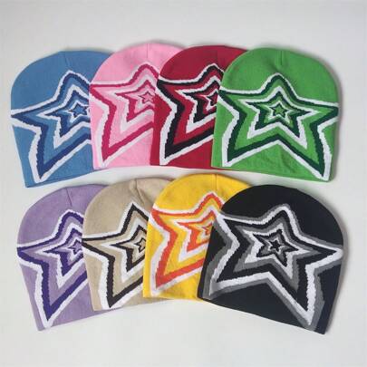 1pc Y2K Gothic Letter Jacquard Pattern Fashionable Casual Warm Knitted Hat, Loose Comfortable Knitted Cap, Skull Cap For Couples; Suitable For Outdoor, Cycling, Traveling, Skiing Halloween Beanie Fall Outfit