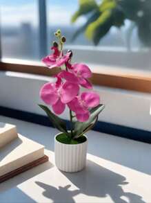 1pc Artificial Butterfly Orchid Potted Plant, Valentine Day, Gift Home Decor Back To School Room Decor School Supplies - Red Violet - View 4