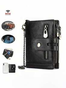 محفظة رجالية بمطوية مزدوجة من الجلد محفظة مع حامل بطاقات وسلسلة مضادة للسرقة، جيب سحاب معتدل للعملة، مع نافذة لبطاقة الهوية، هدايا للرجال. محفظة صغيرة، محفظة رجالية من الجلد محفظة RFID