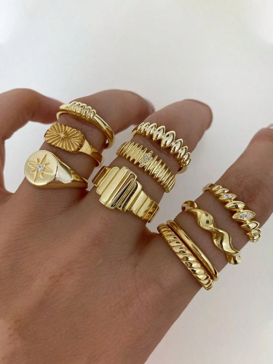 10 件女士星形水钻装饰戒指套装 - 金黃色 - 查看 1