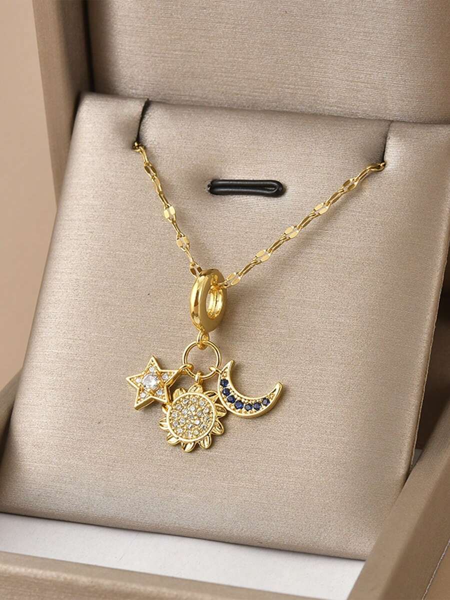 1入立體晶體石&新月設計不鏽鋼女士項鍊 - 金黃色 - 查看 1