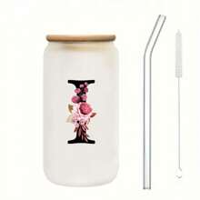 1個磨砂玻璃花卉字母A-Z咖啡杯，附竹蓋與吸管 - 16盎司 - 生日、聖誕節、感恩節送給女性、媽媽、好友、新娘、伴娘的禮物 - 辦公室與居家使用，開學季 - 字母花 - 查看 20