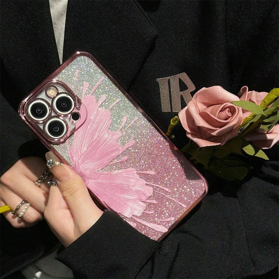 Fashionable Rainbow Electroplated Soft Shell Protective Case With Glitter Butterfly Design For Various Huawei & Honor Phone Models - Electroplated Glitter Pink + Painted Butterfly - View 1