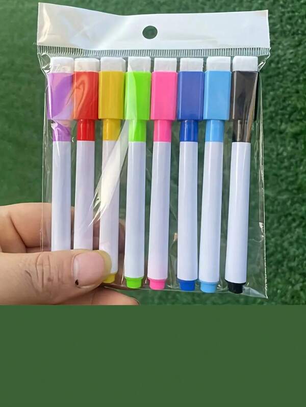 8-Color Pack Washable Colored Tip & Black Tip Dry Erase Markers With Brush, Water-Based Erasable Pens