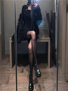 時尚夏季女士防勾絲鑽石方格超薄黑色閃爍鑲鑽連褲襪 - 黑色 - 查看 6