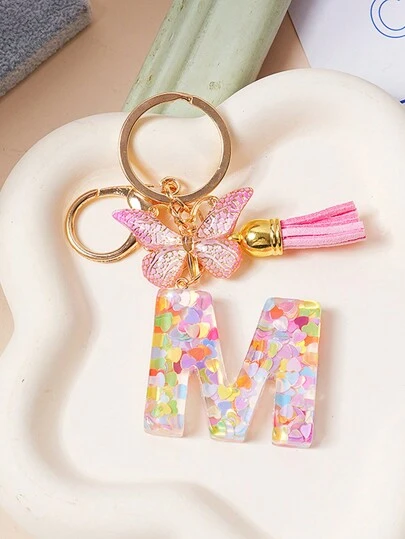 1pc Creative Keychain With 26 English Alphabet & Butterflies Pendant For Girls' Luggage And Bags