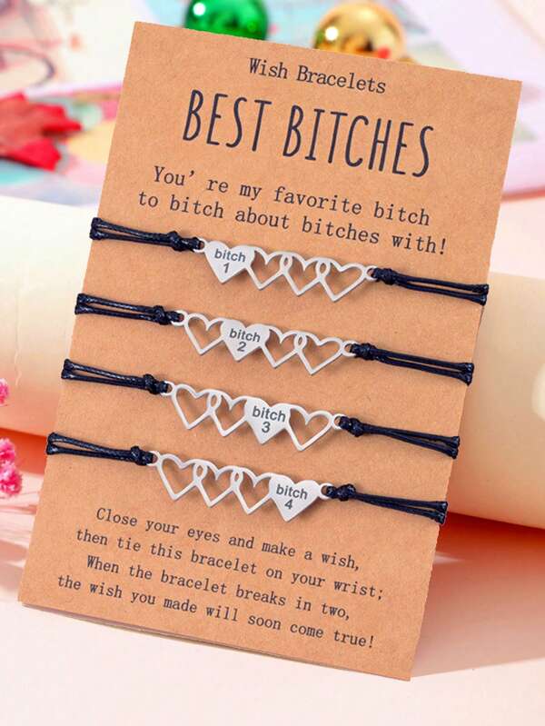Goodwaro Set de 4 pulseras de acero inoxidable con forma de corazón estilizadas y grabado láser para amiga, con empaque de tarjeta hermosa, adecuadas para uso diario en San Valentín, Día de la Madre, regalo