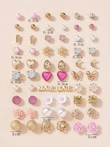 1 Set Of 30 Pairs Of Stud Earrings Set Ladies Faux Pearl Heart Artificial Crystal Pink Girl Flower Letter Butterfly Snowflake Holiday Gift Earrings Valentines,Mom,Mother,Mother's Day,Gift - Multicolor - View 1