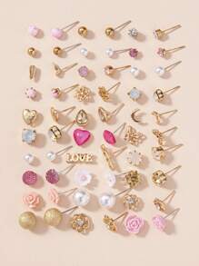 1 Set Of 30 Pairs Of Stud Earrings Set Ladies Faux Pearl Heart Artificial Crystal Pink Girl Flower Letter Butterfly Snowflake Holiday Gift Earrings Valentines,Mom,Mother,Mother's Day,Gift - Multicolor - View 2