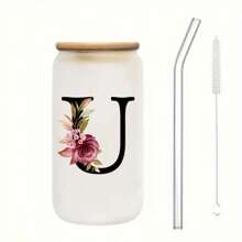 1個磨砂玻璃花卉字母A-Z咖啡杯，附竹蓋與吸管 - 16盎司 - 生日、聖誕節、感恩節送給女性、媽媽、好友、新娘、伴娘的禮物 - 辦公室與居家使用，開學季 - 字母花 - 查看 23