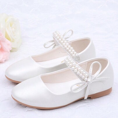 Girls' Pearl Decor Soft Bottom Princess Shoes For Piano Performance With White Dress