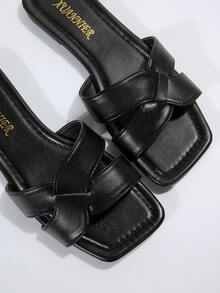 女性大尺碼平底涼鞋,適用於度假的閃石開口拖鞋,夏季休閒裝扮 - 黑色 - 查看 6