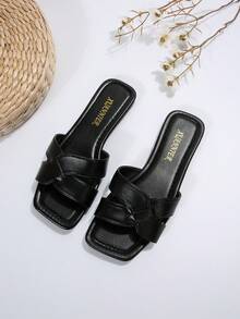 女性大尺碼平底涼鞋,適用於度假的閃石開口拖鞋,夏季休閒裝扮 - 黑色 - 查看 5