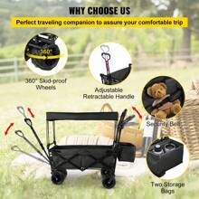 SKYSHALO Collapsible Garden Cart W/ Removable 600D Oxford Canopy, Extra Large Folding Utility Wagon Carts 220lbs Load W/ 7" Wheels, Heavy Duty Outdoor All Terrain Beach Wagon For Camping, Shopping, Picnic, Sports