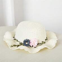 1 Chiếc Mũ Chống Nắng Có Vành Rộng Có Hai Bông Hoa Cho Trẻ Em, Mũ Rơm Chống Nắng Cho Bé Gái Có Hai Bông Hoa - Mũ Đi Biển Và Ngoài Trời Cho Trẻ Em - trắng - Xem 2