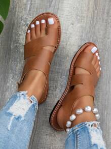 女士时尚夏季分趾凉鞋，柔软舒适防滑，户外沙滩室内平底拖鞋 - 棕色 - 查看 5