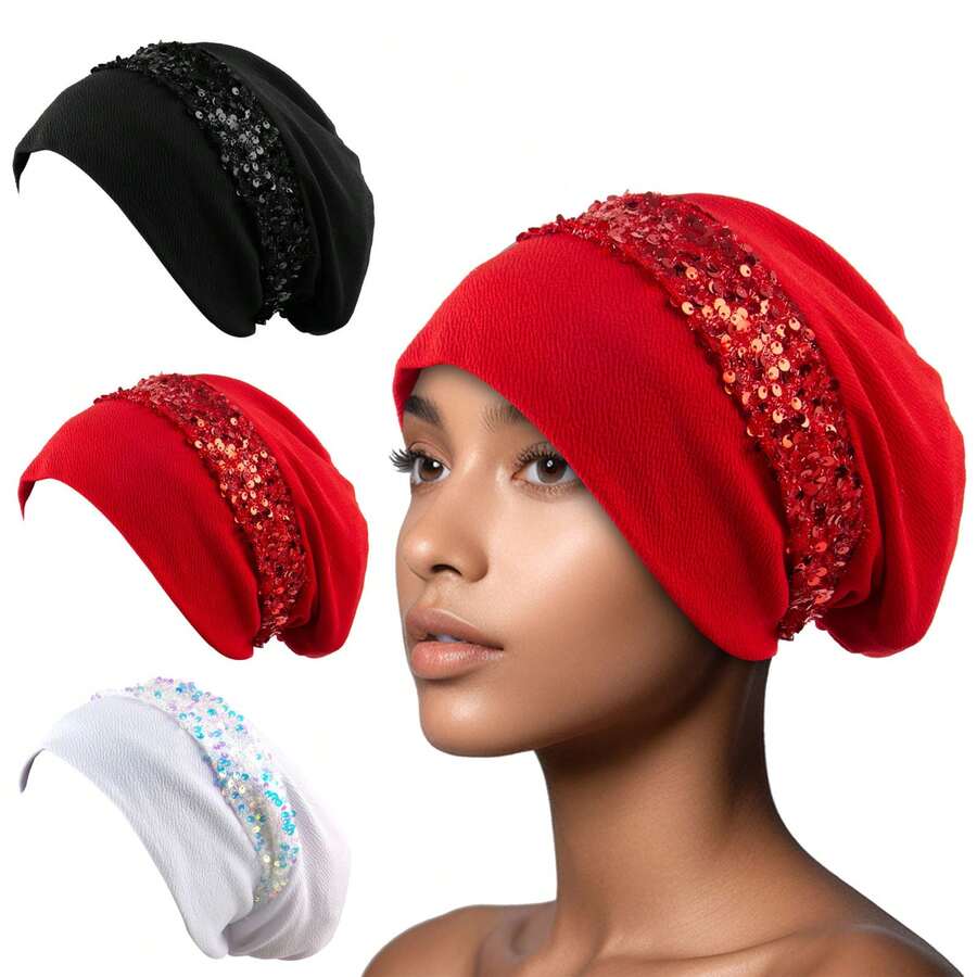 Fashion Simple Turban Cap Casual Knitted Sequin Patchwork Headband Decoration Wrapped Around Headscarf Hat - A - View 1