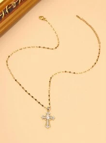 1 pieza Colgante de cruz de lujo con incrustaciones de circonita de aleación de cobre hecho a mano con cadena de labio de acero inoxidable, regalo de joyería religiosa, esencial para el transporte diario de las mujeres
