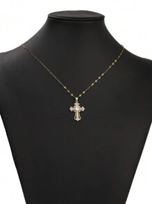 1 pieza Colgante de cruz de lujo con incrustaciones de circonita de aleación de cobre hecho a mano con cadena de labio de acero inoxidable, regalo de joyería religiosa, esencial para el transporte diario de las mujeres