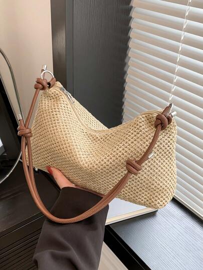 1pc Hand-Woven Patchwork Zipper Closure Grass Bag For Women,Summer,Large Capacity Tote Bag Perfect, Beach Essentials,Summer Women Bag,Perfect For Travel, Vacation, Holiday & Beach