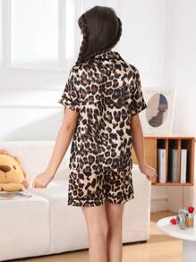 Tween Girl Satin Pajama Set Shorts Silk Button Style Short Sleeved Cardigan Top Suitable For Children Aged 8-13 Summer Leopard Print Two Pieces Sets Loungewear - Brown - View 3