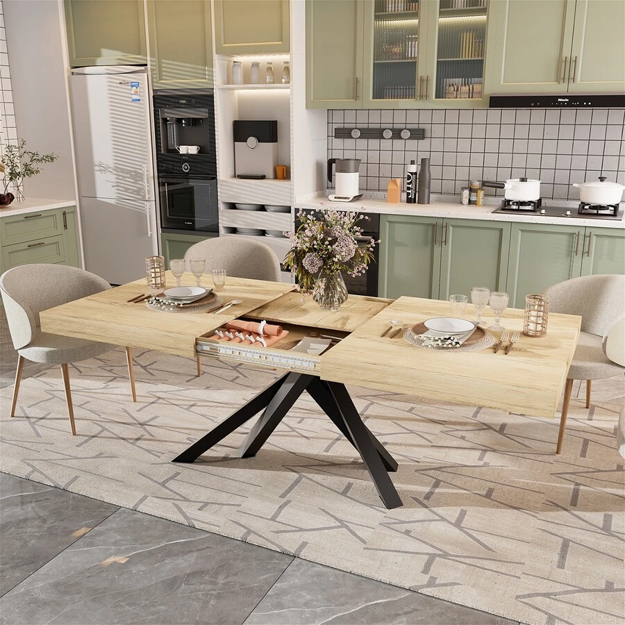 FXLTSBL Modernt utdragbart matbord, utdragbart matbord i trä med X-formade järnben, 120(150) x 70 x 75 cm, för kök eller vardagsrum - Kaki - Visa 1