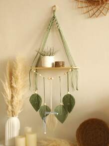 1pc Handmade Woven Wall Hanging Shelf, Bohemian Style Woven Leaf Decor, Wooden Floating Shelf, Suitable For Bathroom, Bedroom, Living Room Or Room Decor, No Clips Included, Home Decor, Room Decor, Wall Decor Gift, Birthday Graduation Gift - Green - View 6
