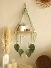 1pc Handmade Woven Wall Hanging Shelf, Bohemian Style Woven Leaf Decor, Wooden Floating Shelf, Suitable For Bathroom, Bedroom, Living Room Or Room Decor, No Clips Included, Home Decor, Room Decor, Wall Decor Gift, Birthday Graduation Gift - Green - View 10