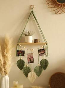 1pc Handmade Woven Wall Hanging Shelf, Bohemian Style Woven Leaf Decor, Wooden Floating Shelf, Suitable For Bathroom, Bedroom, Living Room Or Room Decor, No Clips Included, Home Decor, Room Decor, Wall Decor Gift, Birthday Graduation Gift - Green - View 11