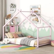Full House Bed For Kids, Metal Floor Bed Frame Full With Headboard And Footboard, Full Kids Bed Floor Bed For Kids, Girls, Boys - Pink - View 4