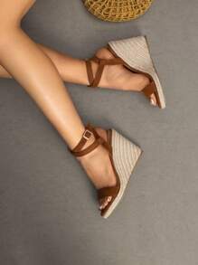 Womens Open Toe Espadrilles Dressy Platform Sandals Buckle Ankle Strap Stylish Wedges Sandals - 咖啡棕 - 查看 4