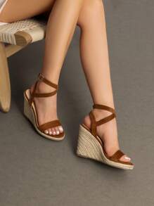 Womens Open Toe Espadrilles Dressy Platform Sandals Buckle Ankle Strap Stylish Wedges Sandals - 咖啡棕 - 查看 3