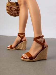 Womens Open Toe Espadrilles Dressy Platform Sandals Buckle Ankle Strap Stylish Wedges Sandals - 咖啡棕 - 查看 2