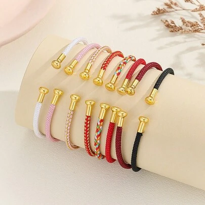 1pc Simple C-Shaped Open Bracelet With Sand Gold Letter & Beaded Decoration, Black/Red Bracelet For Men And Women