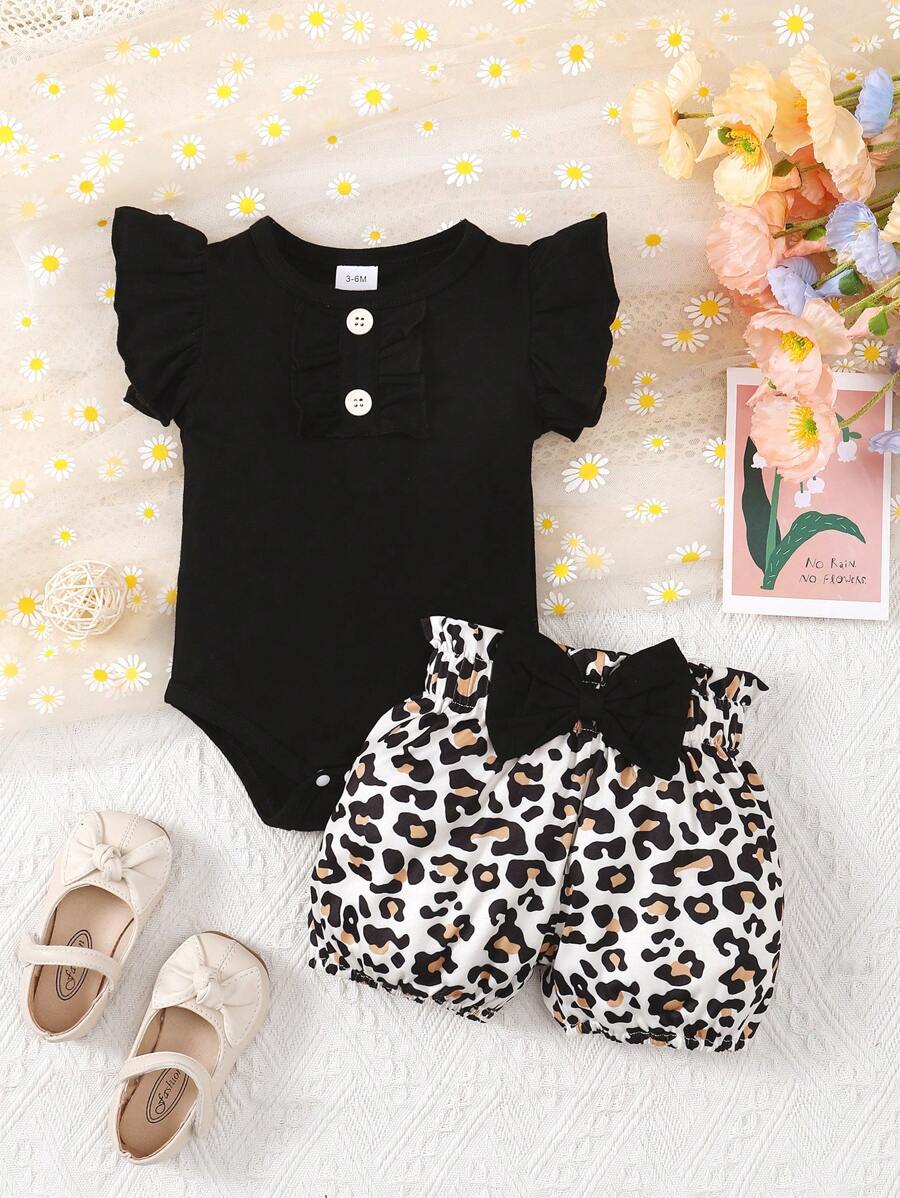 Baby Girls' Fashionable Ruffle Armhole Bodysuit And Leopard Shorts Set